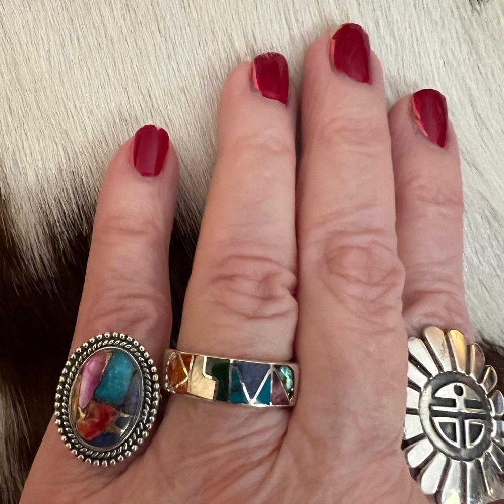 ❤️ Kingman Pink Spiny Oyster Turquoise / Pink Dahlia Navajo Sterling Ring Size 5 - Picture 6 of 15